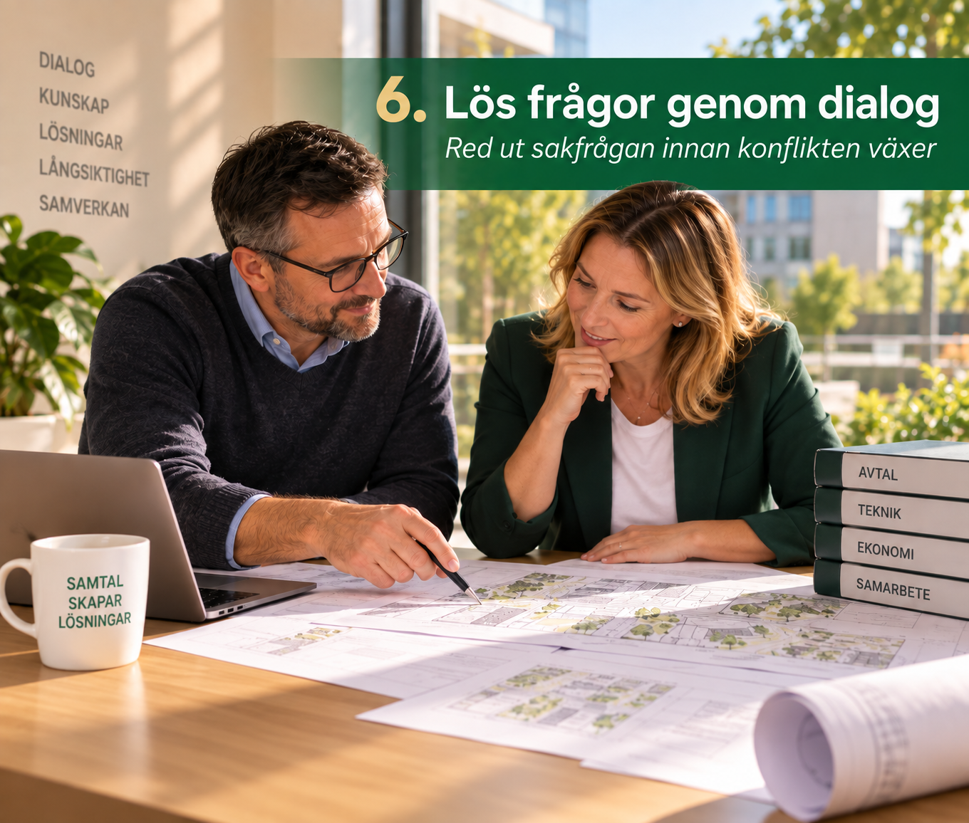 Två personer går igenom fastighetsunderlag tillsammans som symboliserar dialog, problemlösning och hantering av avtalsfrågor före en tvist